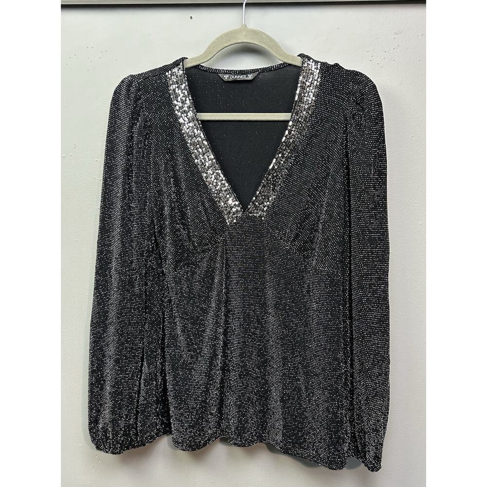 Dunnes Stores‎ Top Womens 12 Black sequin Puff Sleeve Metallic Party Semi Formal